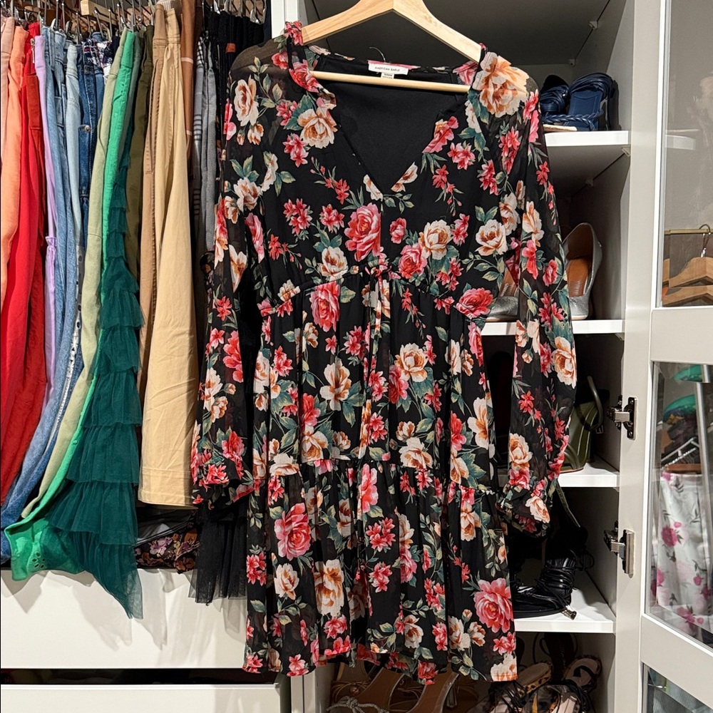 American Eagle Outfitters Black Floral Long Sleeve Dress